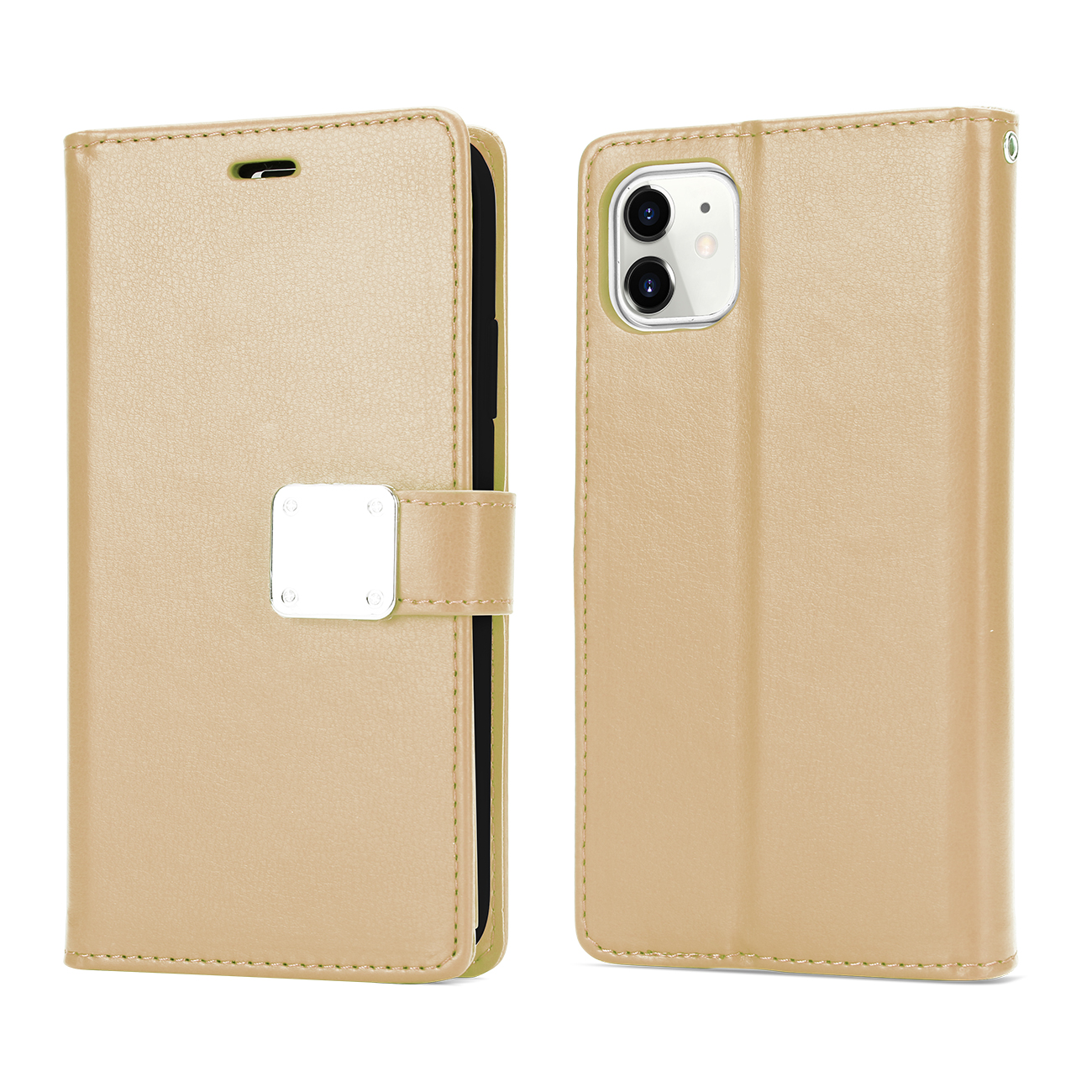 Multi Pockets Folio Flip Leather Wallet Case with Strap for iPHONE 12 Pro Max 6.7 (Gold)